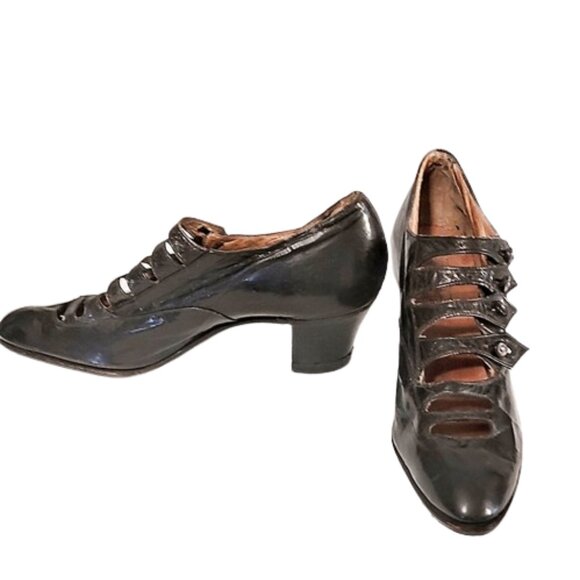 Antique Vintage Shoes - Antique Vintage Edwardian Black Leather Shoes With Straps And Buttons Unworn